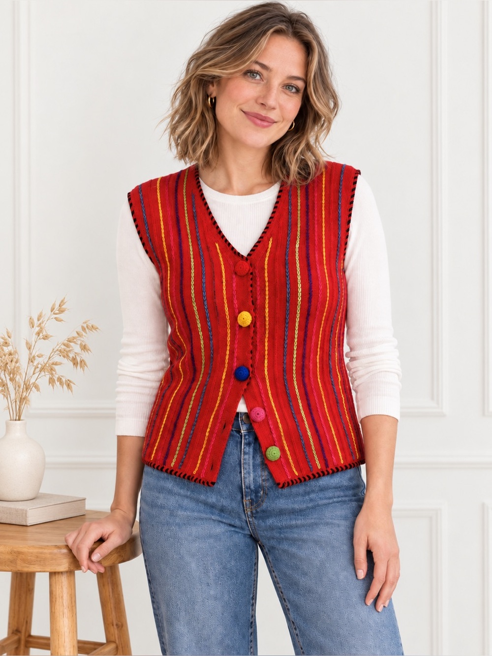 Vintage 90s Red Ramie Cotton Striped Button Sweater Vest
